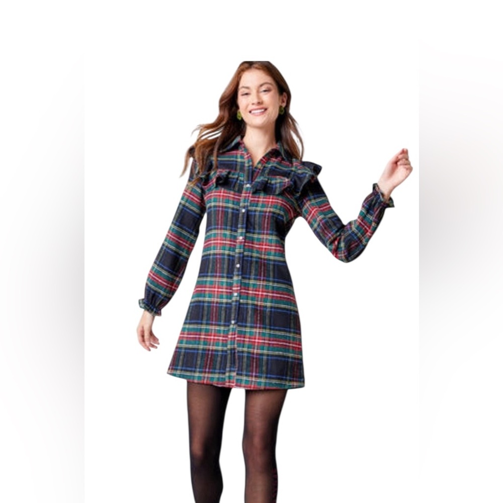Francesca’s Plaid Ruffle Button Down‎ Shirt Dress Size L Grunge Preppy Academia